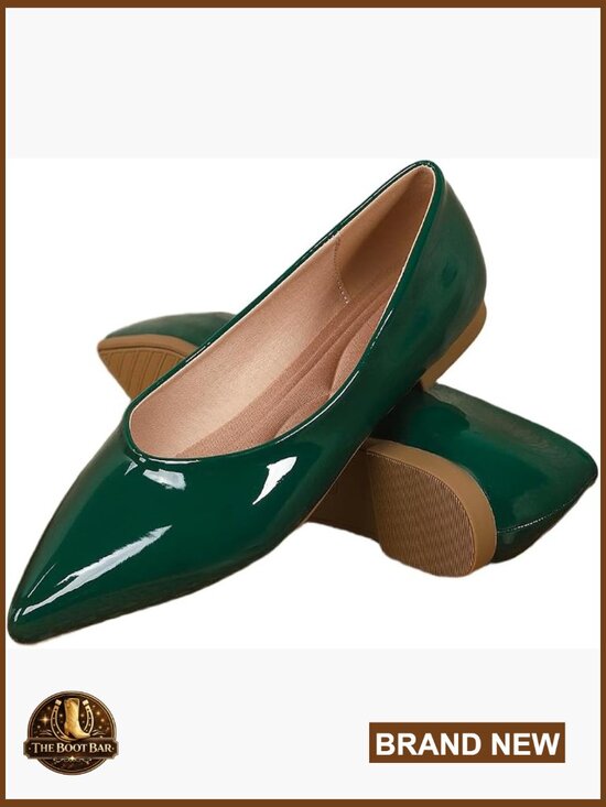 Shoes - Patent Leather Pointed Toe Bow Knot Slip On Flats, Cushioned Insole, Non-Slip